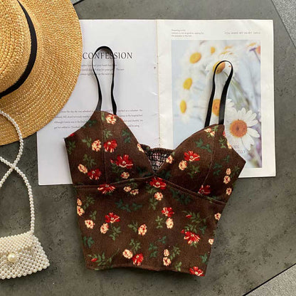 Retro Corduroy Camisole Fashionable All-Match Sexy Floral Top - Harmony Gallery