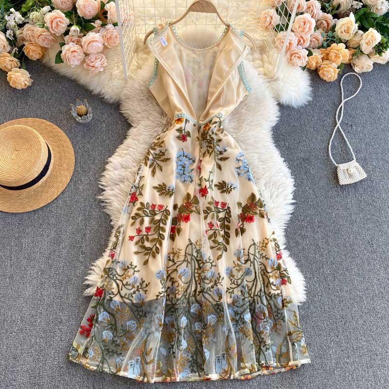 American Embroidery Elegant Round Neck Women's Dinner Dress - Harmony Gallery