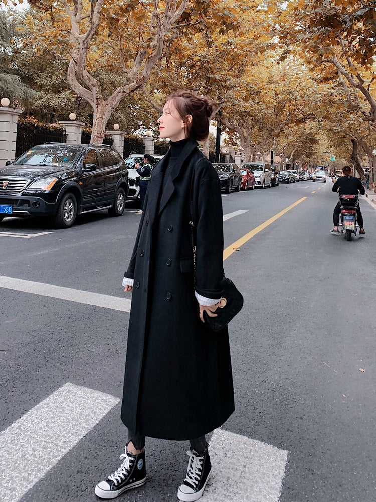 British Style Mid-Length Woolen Black Women's Coat - Harmony Gallery