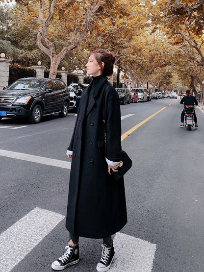 British Style Mid-Length Woolen Black Women's Coat - Harmony Gallery