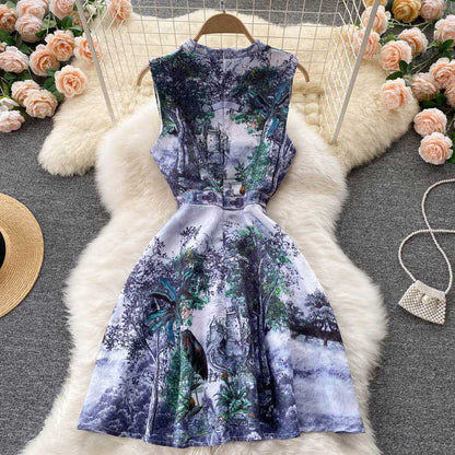 Retro Luxury French Printed Summer Women's Dress - Harmony Gallery