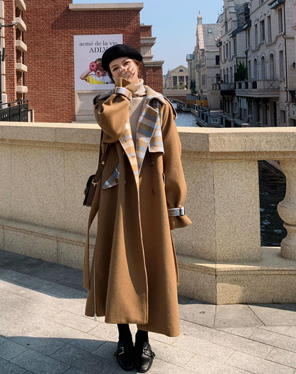 Contrast Plaid Over The Knee Woolen Women's Coat - Harmony Gallery