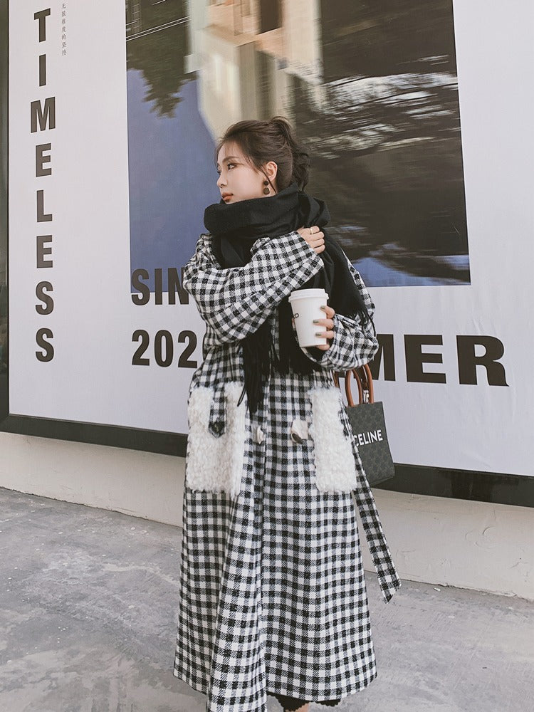 Horn Buckle Plaid Mid-Length Woolen Women's Coat - Harmony Gallery
