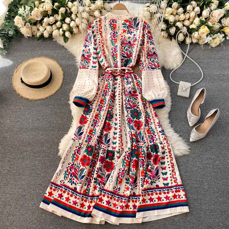 Palace Style Stand Collar Long Retro Printed Women's Dress - Harmony Gallery