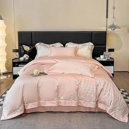 Long-Staple Embroidery Four-Piece Wide-Edged Solid Color Bed Set - Harmony Gallery
