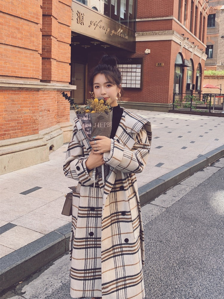 Loose Retro Plaid Mid-Length Woolen Women's Coat - Harmony Gallery