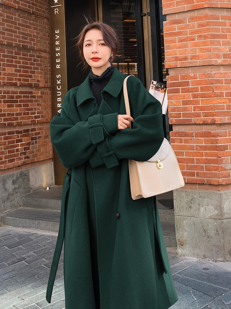 Mid-Length Black Thick Loose Woolen Women's Coat - Harmony Gallery