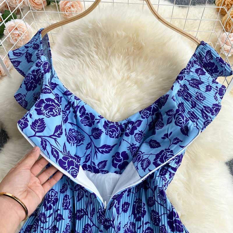 Holiday Summer Pleated V-Neck Slim Short Printed Women's Dress - Harmony Gallery