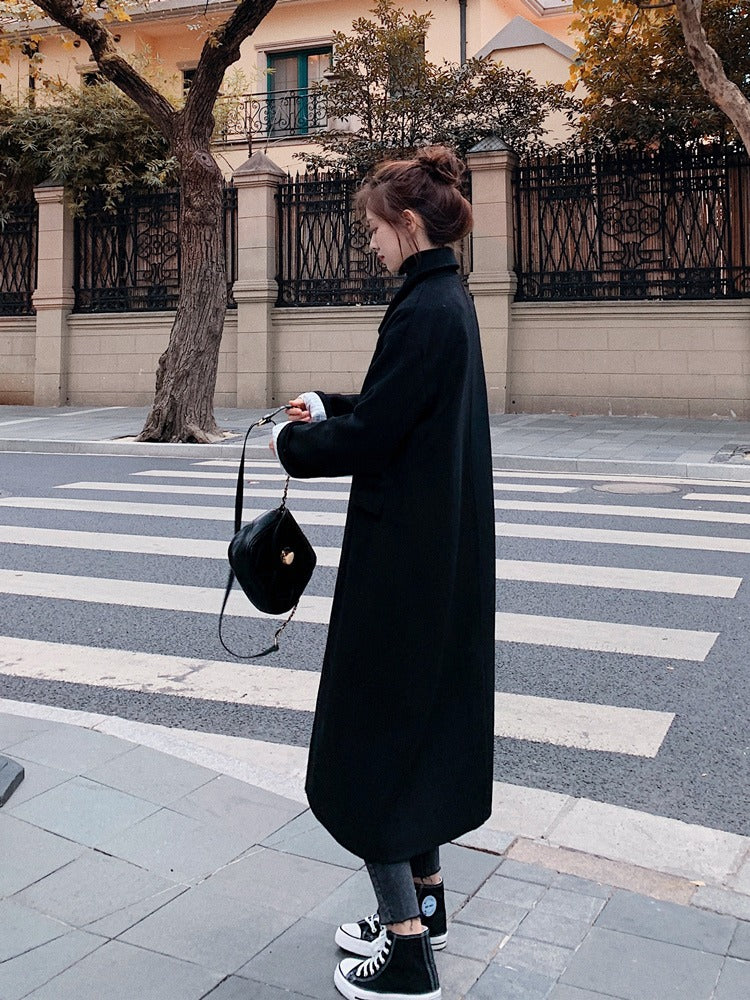 British Style Mid-Length Woolen Black Women's Coat - Harmony Gallery