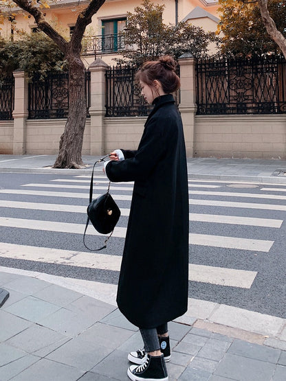 British Style Mid-Length Woolen Black Women's Coat - Harmony Gallery