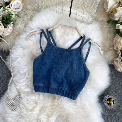 Camisole All-Match Retro Denim Women's Crop Top - Harmony Gallery