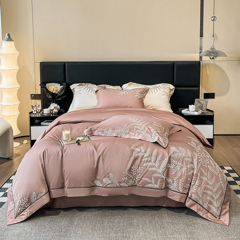 Long-Staple Embroidery Four-Piece Wide-Edged Solid Color Bed Set - Harmony Gallery