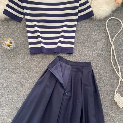 Casual Summer Retro Striped Knitted Women's Suit - Harmony Gallery