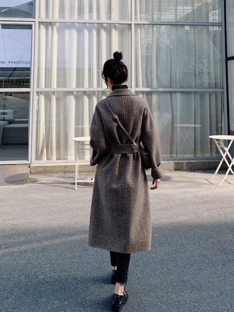 Light Mature Style Plaid Mid-Length Woolen Women's Coat - Harmony Gallery