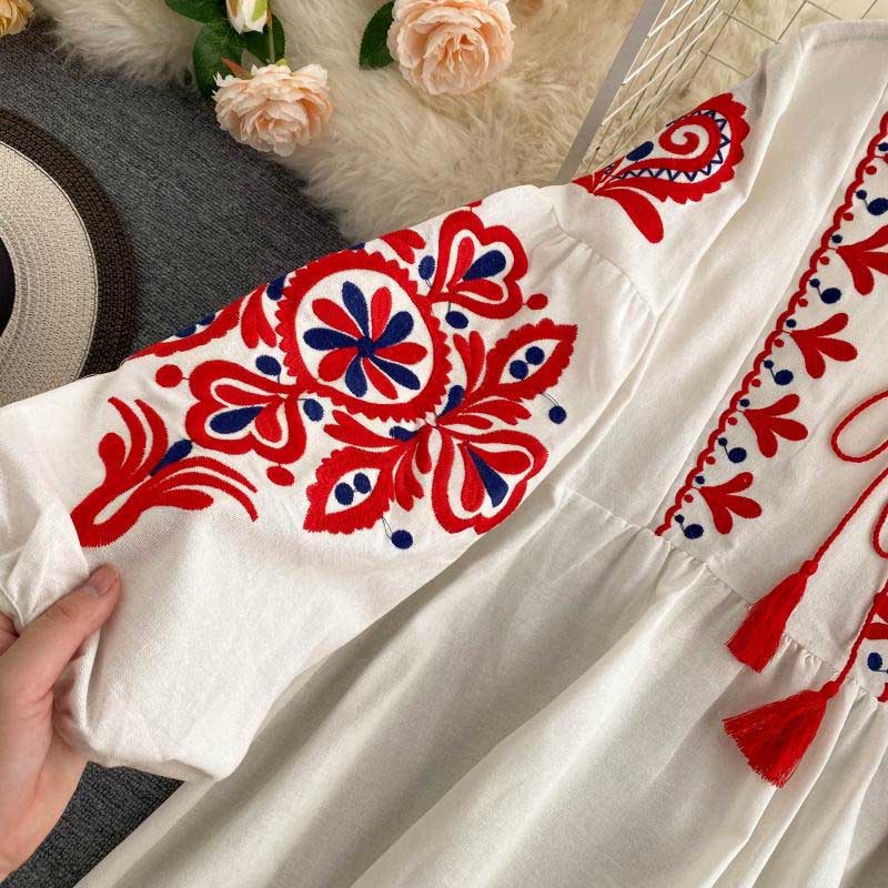 Bohemian Retro Ethnic Embroidery Lantern Short Women's Dress - Harmony Gallery