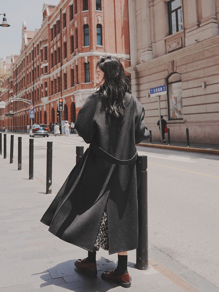 Black Hepburn Style Winter Loose Woolen Women's Coat - Harmony Gallery