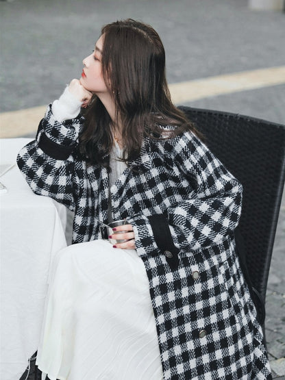 Loose Plaid Winter Mid-Length Goddess Woolen Women's Coat - Harmony Gallery