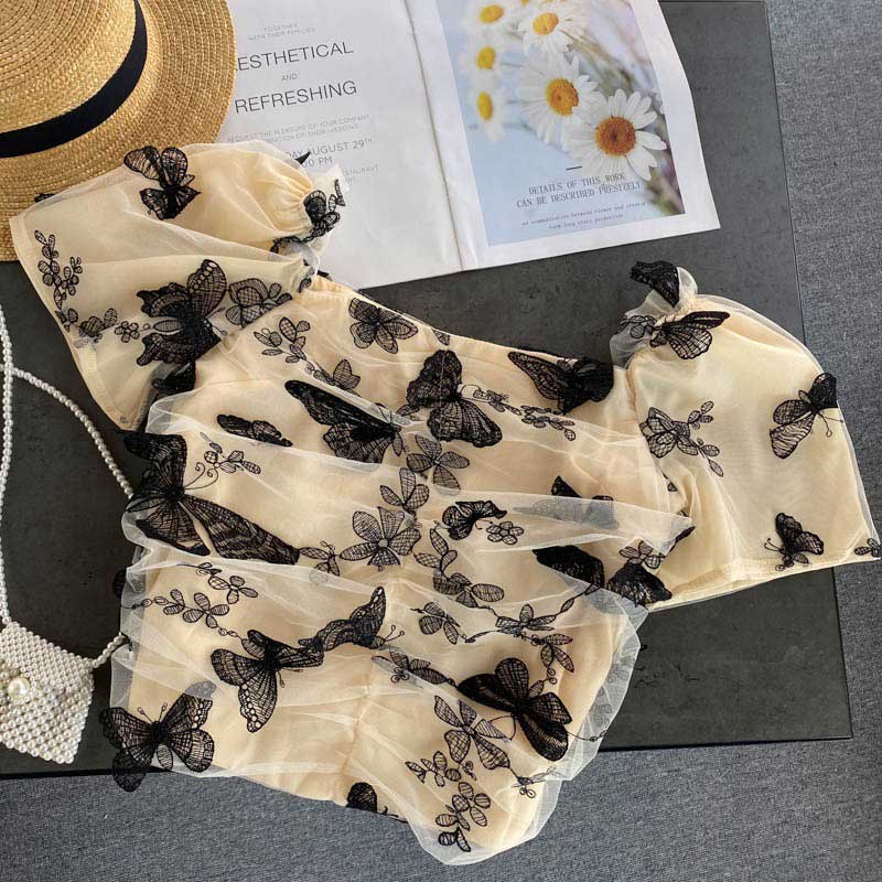 Retro Summer Butterfly Embroidery Women's Top - Harmony Gallery