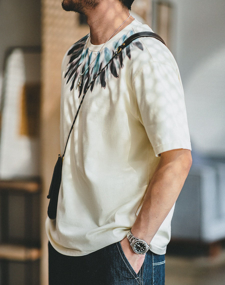 American Retro Feather Print  Loose Ethnic Men's T-Shirt - Harmony Gallery