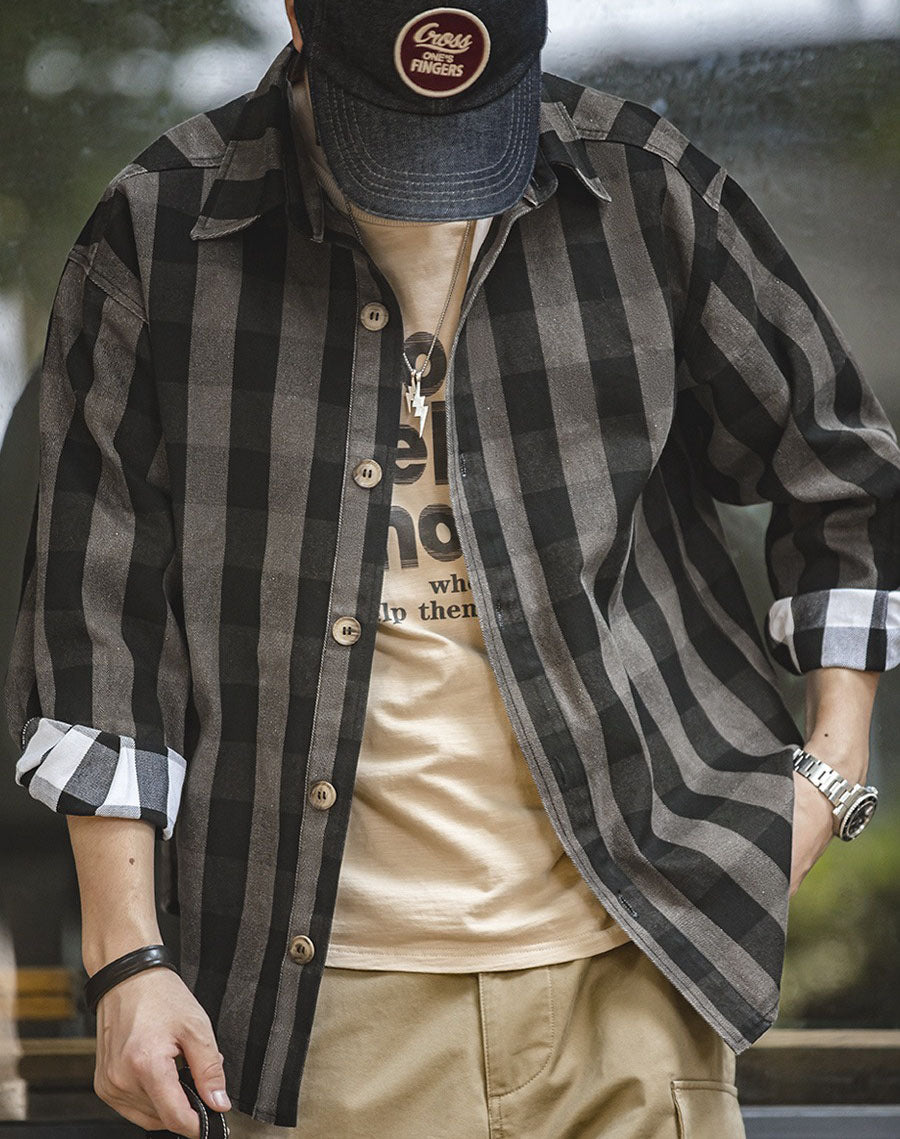 American Retro Profile Heavy Plaid Autumn Men's Shirt - Harmony Gallery
