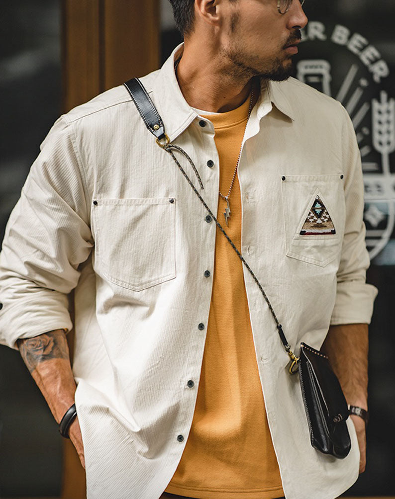 Retro Indian Totem Beige Long Sleeve Men's Shirt - Harmony Gallery