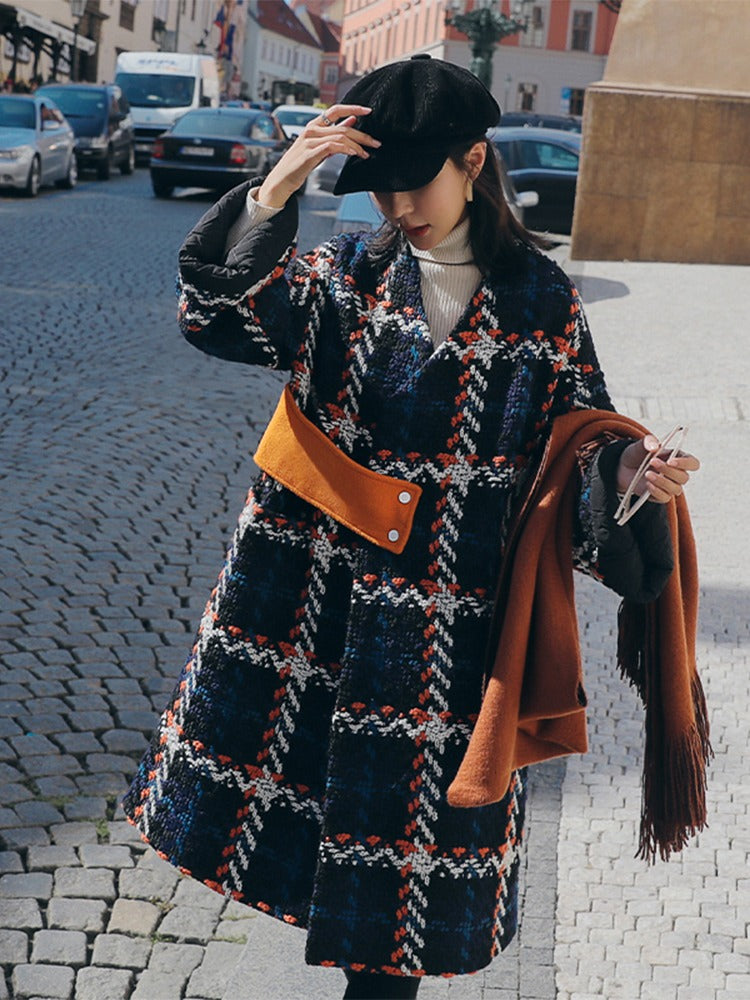 Coarse Plaid Woolen Mid-Length Loose Women's Coat - Harmony Gallery