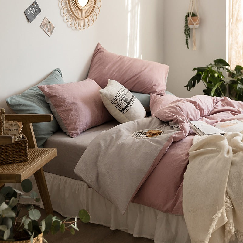 Simple Pure Cotton Nordic Double Color Four-Piece Bed Set - Harmony Gallery