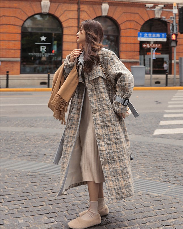 Woolen Over The Knee Loose Plaid Women's Coat - Harmony Gallery
