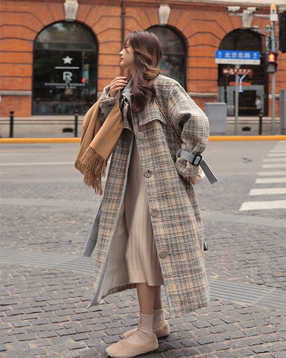 Woolen Over The Knee Loose Plaid Women's Coat - Harmony Gallery