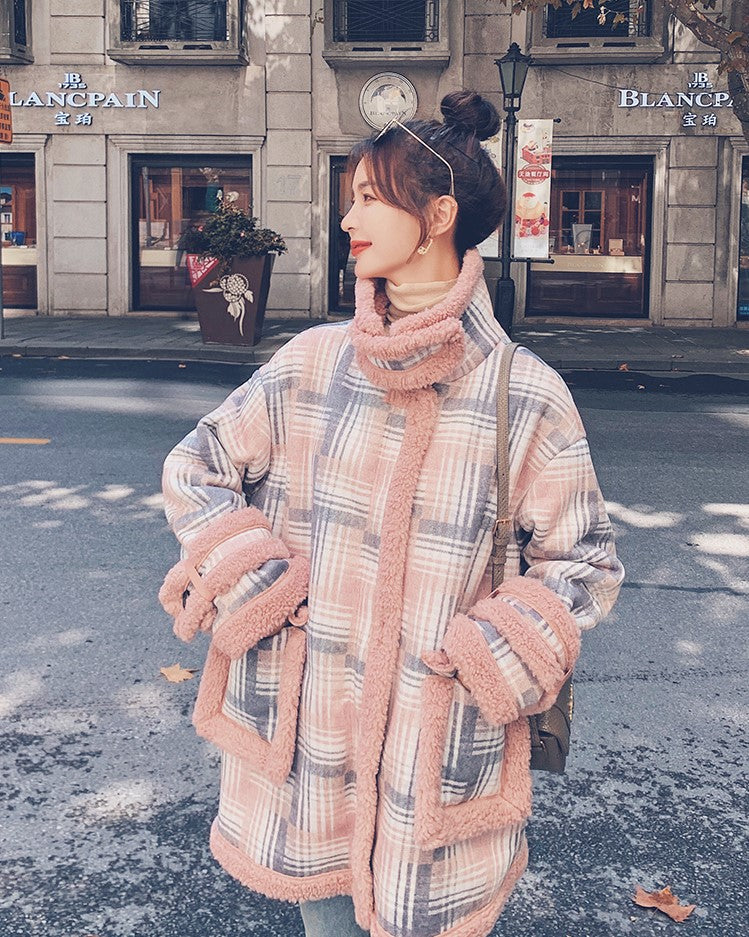 Short Plaid Winter Lamb Loose Cotton Women's Coat - Harmony Gallery