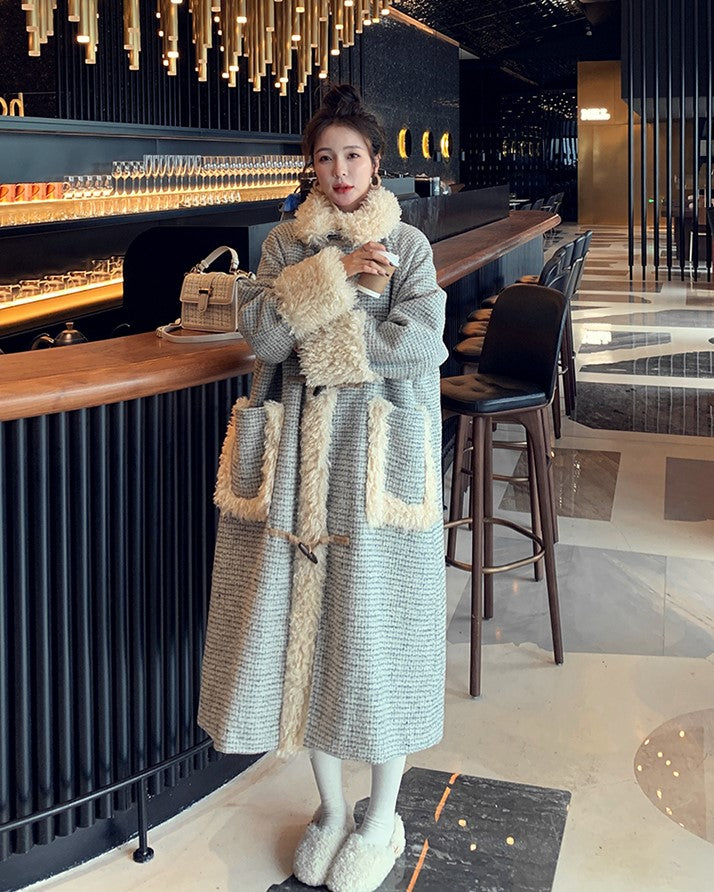 Horn Buckle Houndstooth Woolen Winter Women's Coat - Harmony Gallery