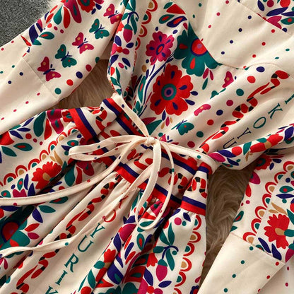 Palace Style Stand Collar Long Retro Printed Women's Dress - Harmony Gallery