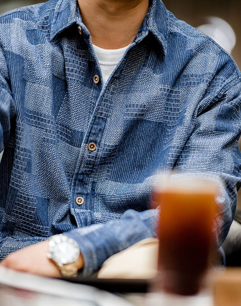 American Hundreds Of Cloth Denim Splicing Men's Shirt - Harmony Gallery