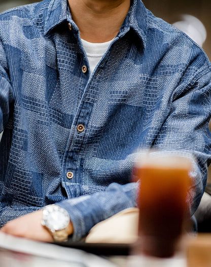 American Hundreds Of Cloth Denim Splicing Men's Shirt - Harmony Gallery
