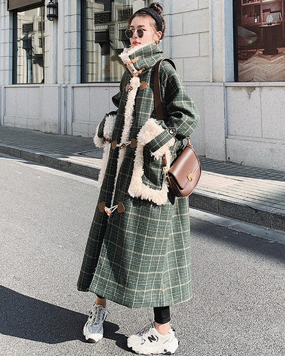 Plaid Loose Woolen Horn Button Winter Women's Coat - Harmony Gallery