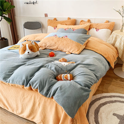 Cartoon Warm Big Butt Milk Velvet Five-Piece Bed Set - Harmony Gallery