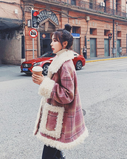 Pink Plaid Retro Lamb Wool Loose Loop Women's Coat - Harmony Gallery