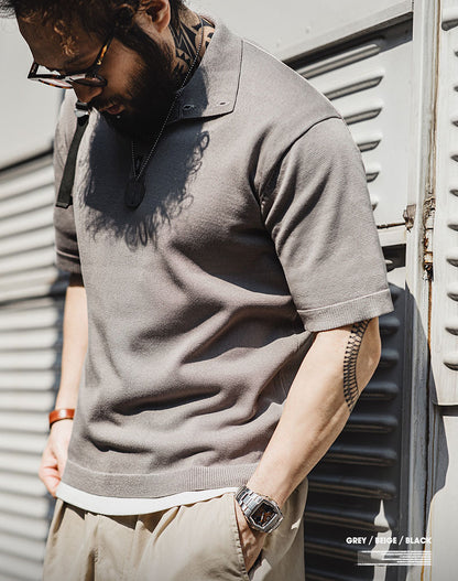 American Casual Lapel Knitted Polo Loose Breathable Men's T-Shirt - Harmony Gallery