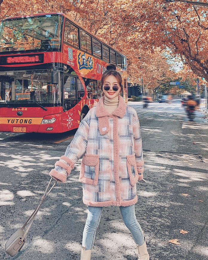 Short Plaid Winter Lamb Loose Cotton Women's Coat - Harmony Gallery