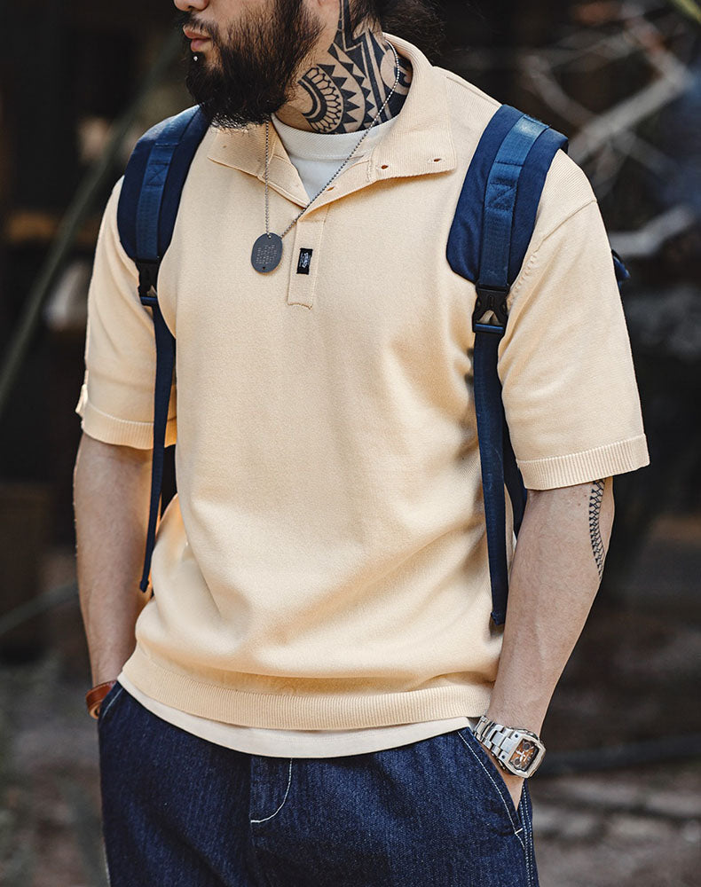 American Casual Lapel Knitted Polo Loose Breathable Men's T-Shirt - Harmony Gallery
