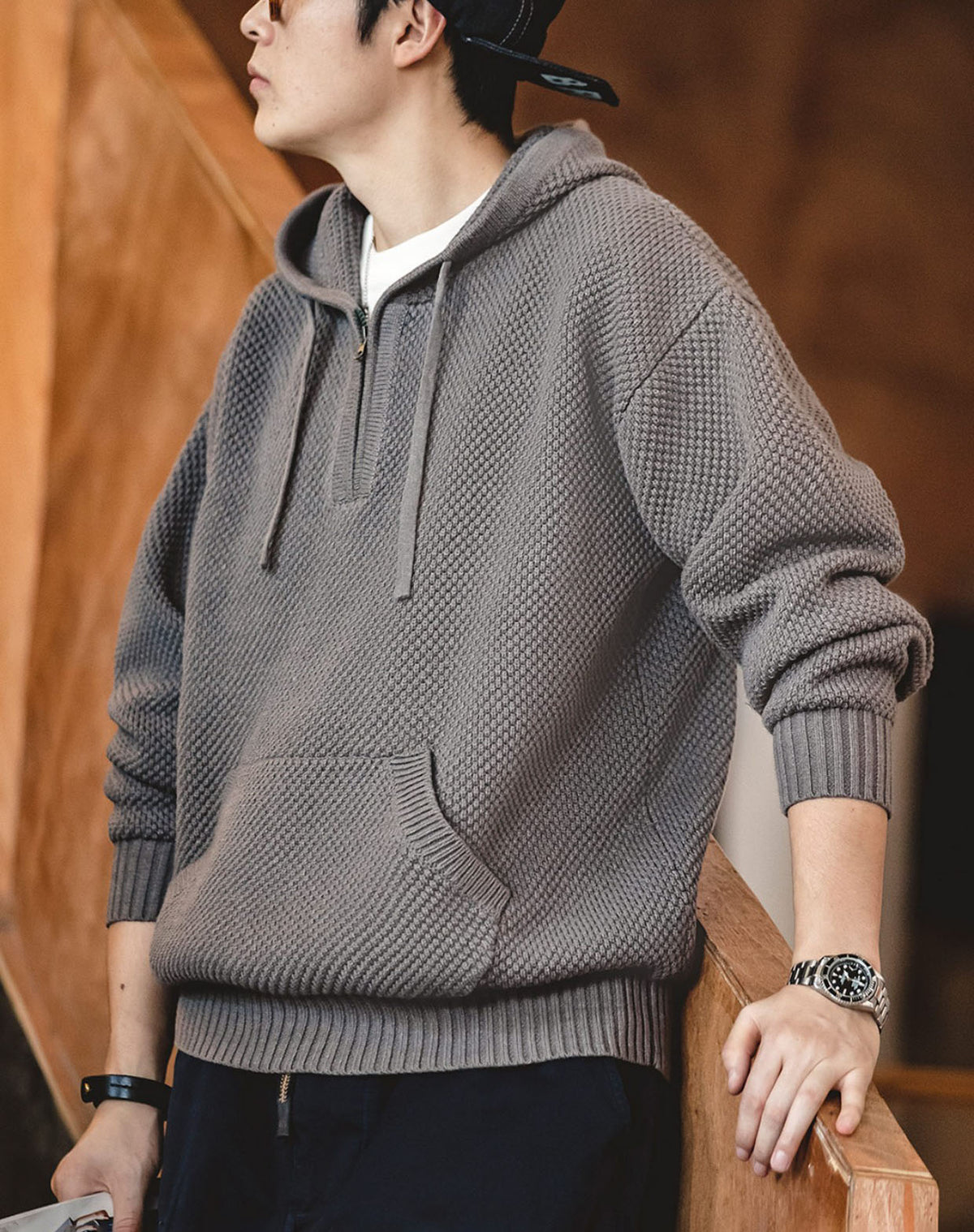 American Casual Half Zipper Pineapple Hooded Pullover Men's Sweater - Harmony Gallery
