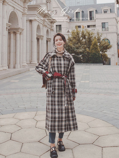 Trendy French Plaid Woolen Mid-length Women's Coat - Harmony Gallery
