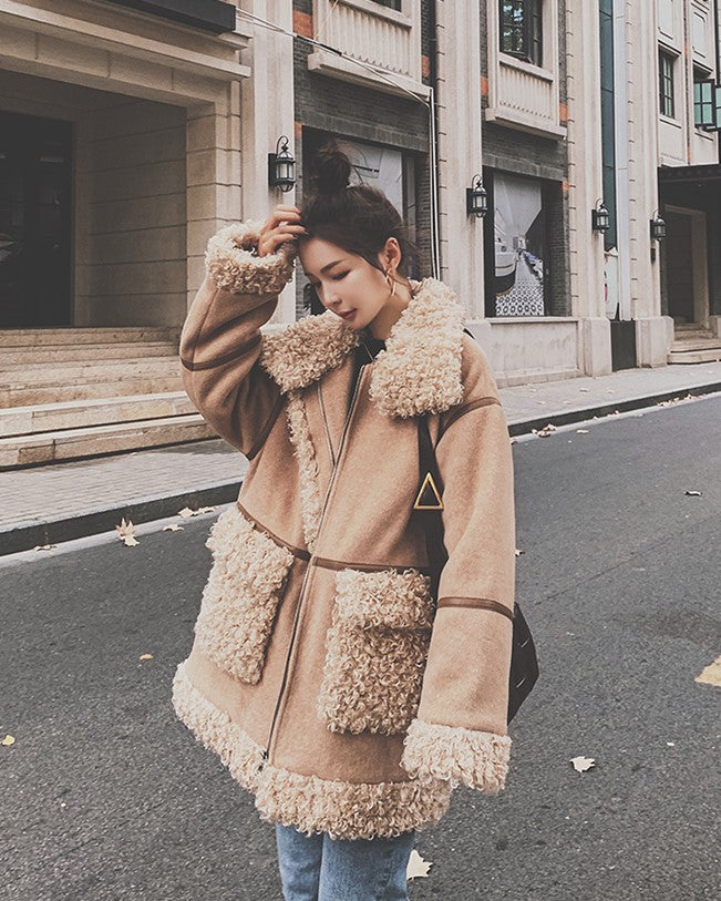 Furry Collar Loose Padded Winter Lamb Wool Women's Jacket - Harmony Gallery