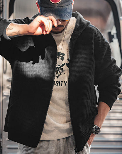 Tooling Retro Waffle Hooded Knit Sport Men's Cardigan - Harmony Gallery