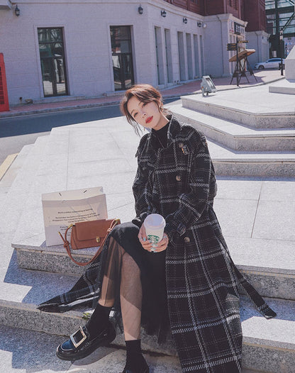 Plaid Loose Hepburn Style Woolen Women's Coat - Harmony Gallery
