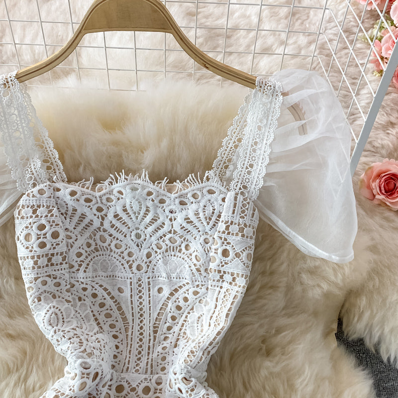 Square Neck Puff Sleeves Slim High-End Lace Women's Dress - Harmony Gallery