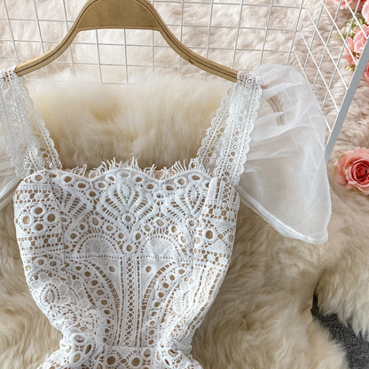 Square Neck Puff Sleeves Slim High-End Lace Women's Dress - Harmony Gallery