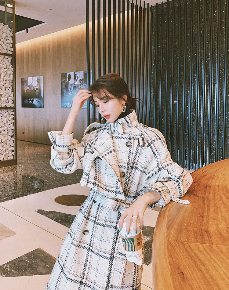 Plaid Loose Hepburn Style Woolen Women's Coat - Harmony Gallery