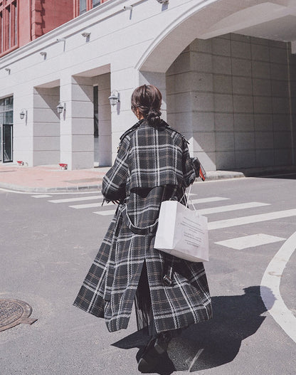 Plaid Loose Hepburn Style Woolen Women's Coat - Harmony Gallery