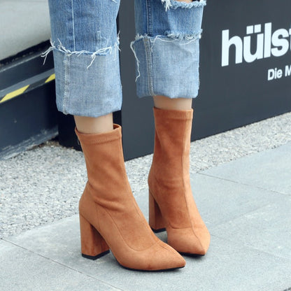 High Thick Heel Mid-Length Stretch Suede Women's Boots - Harmony Gallery
